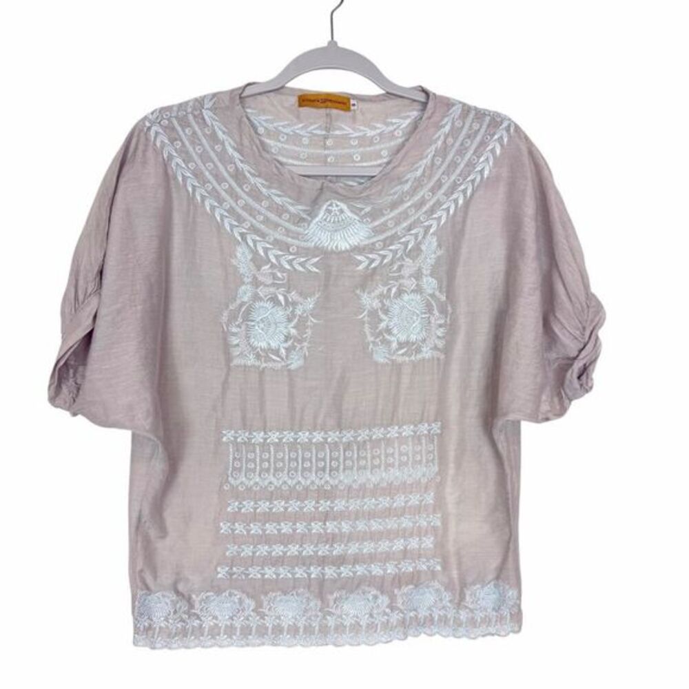 Roberta Freymann Blouse Women Small Gray Blue Embroidered Peasant Top Cotton Boh